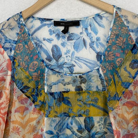BCBGMAXAZRIA Top S Silk Sheer Floral Metallic Striped Long Sleeve Blue Orange - Picture 5 of 11